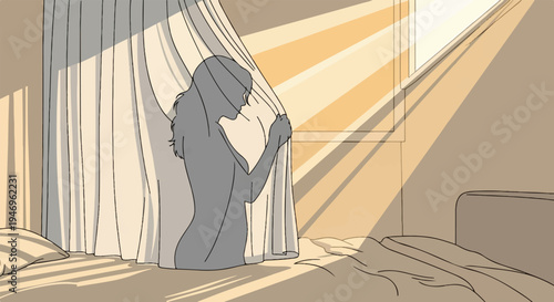A stylized illustration of a woman opening curtains in a sunlit bedroom, revealing a bright window