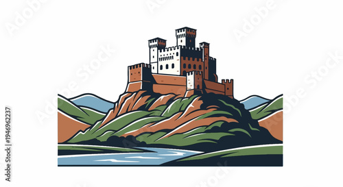 A grand medieval castle illustration with multiple towers, perched on a rugged hill, overlooking a river