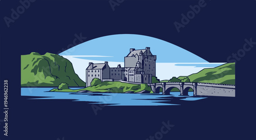 Pixel art illustration of an ancient stone castle on an island with a bridge, surrounded by water and hills