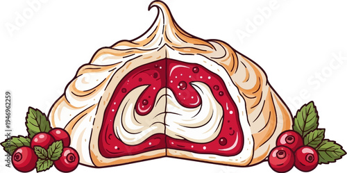 Vibrant cartoon illustration of a cream and berry jam roll cake slice with fresh cranberries and mint leaves