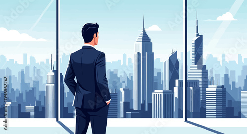 A businessman in a suit stands in an office, gazing out a large window at a city skyline