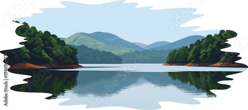 Pixel art illustration of a serene mountain lake with dense green forests on its banks and reflections on the calm water