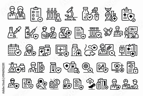 Diverse icons representing various aspects of medical research and healthcare activities