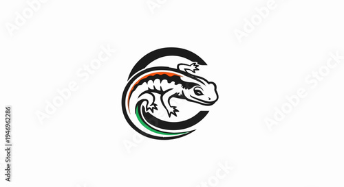 Stylized gecko with orange and green stripes, nestled in a dynamic circular black and white design