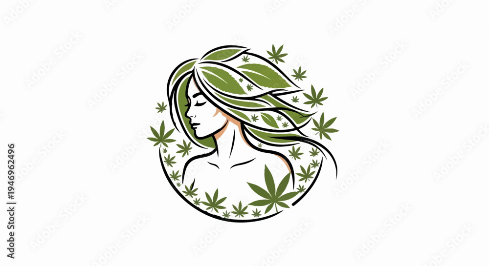 Fototapeta premium Stylized woman profile with flowing cannabis leaf hair, encircled by leaves on white background
