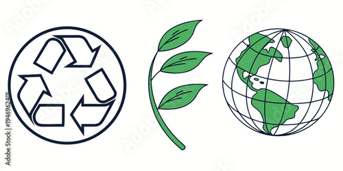 Eco friendly symbol and green leaves with globe on for environmental conservation and recycling concepts