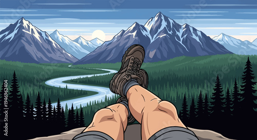 First-person pixel art view of legs and boots resting, overlooking a vast mountain landscape with a river
