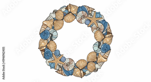Hand-drawn circular wreath crafted from various seashells and starfish in blue and sandy tones on white