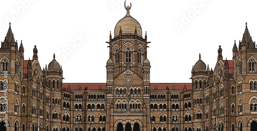 Ornate Victorian Gothic building with a central dome, spire, and intricate facades, rendered in a graphic style