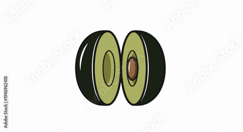 A minimalist cartoon illustration of an avocado cut in half, revealing its green flesh and brown pit
