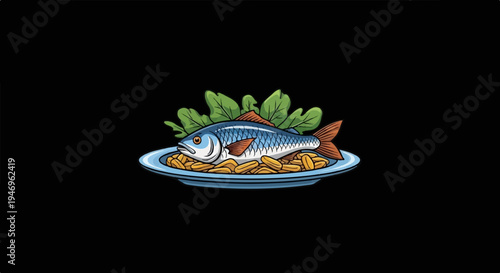 Illustration of a cooked fish served on a blue plate with potato wedges and fresh green garnish