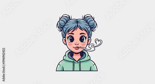 Cute cartoon girl with blue space buns and a mint green hoodie, blowing a heart-shaped puff of smoke