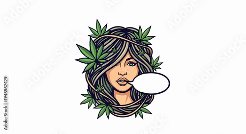 Stylized illustration of a woman with long hair adorned with cannabis leaves, an empty speech bubble