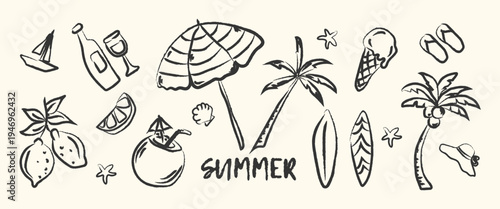 Hand Drawn Summer Vintage Icon set. Summer Elements in Charcoal Pencil. Summer Beach Icons in Pencil Doodle Style. Drawing ink. Travel drawing hand drawn. Sketches Italian concept for graphic design.