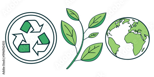 Eco friendly symbols for recycling, green leaves and earth on for environmental conservation and sustainability
