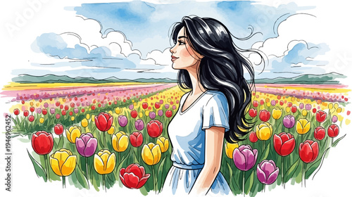 A serene woman with flowing dark hair gazing over a vast, colorful field of blooming tulips