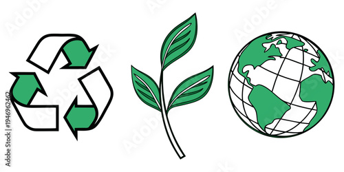 Eco friendly symbols set including recycling logo, green leaves and earth globe on for environmental conservation