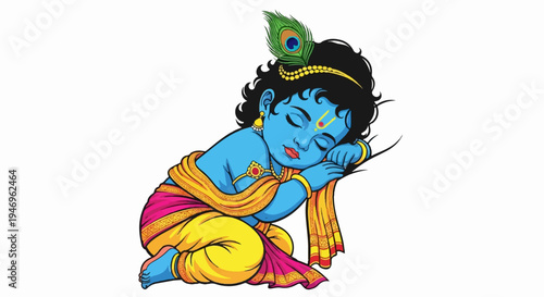 A cartoon illustration of a sleeping blue-skinned child adorned with traditional attire and a peacock feather