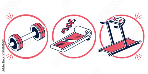 Fitness icons including dumbbell, jump rope, and treadmill for exercise and workout routine