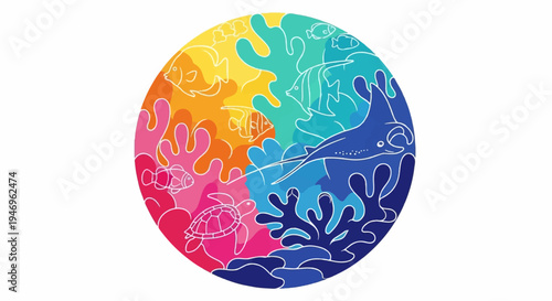 Colorful circular illustration of vibrant marine life, including fish, turtle, and manta ray, among coral