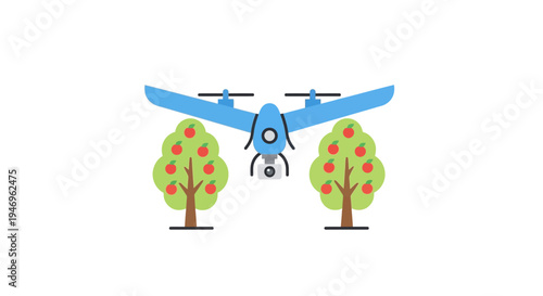 Blue drone flying between green trees.