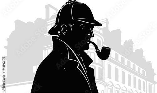 Stylized silhouette of a person in a deerstalker hat and trench coat, smoking a pipe against a city building