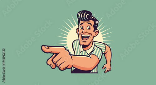 Retro cartoon man with pompadour hairstyle points forward, smiling broadly with a cheerful expression