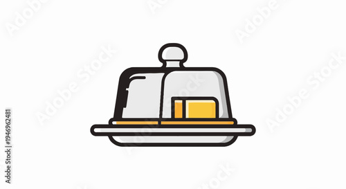 Illustration of a butter dish with a transparent lid and a knob handle, containing a block of butter