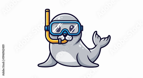 A charming cartoon grey seal character wears blue diving goggles and a yellow snorkel, ready for adventure