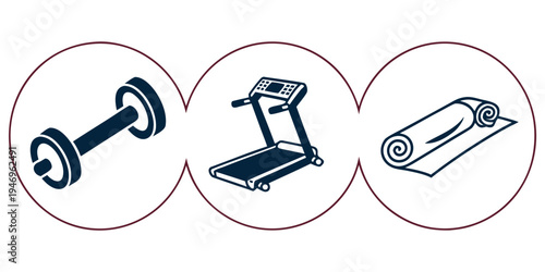 Fitness icons including dumbbell treadmill and yoga mat