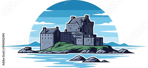 Pixel art illustration of a majestic historic castle on a rocky island, surrounded by water and a blue sky