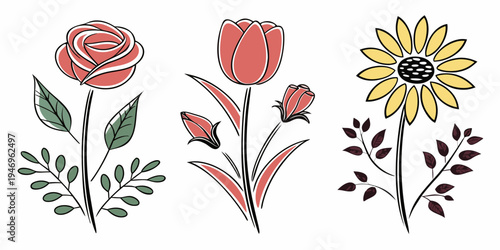 Colorful illustration of rose, tulip, and sunflower on with leaves and stems