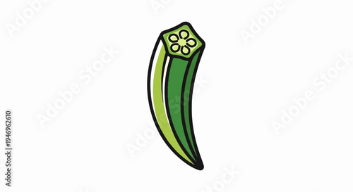 An illustration of a green okra pod, sliced at one end to show seeds, on a white background