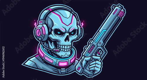 Pixel art of a glowing cyber-skull with headphones, a neck device, and a futuristic weapon