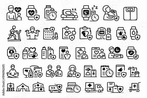 Comprehensive icons representing healthcare, wellness, and medical services