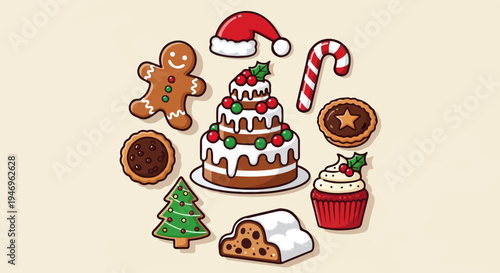 An assortment of delightful Christmas-themed baked goods and festive symbols arranged in a welcoming circle