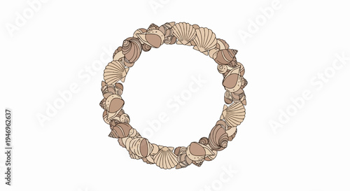 A circular arrangement of assorted seashells in natural beige and brown tones on a white background