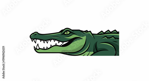 A cartoon-style illustration of a green alligator or crocodile head with sharp teeth and yellow eyes
