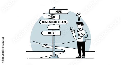 Man standing at crossroads sign.