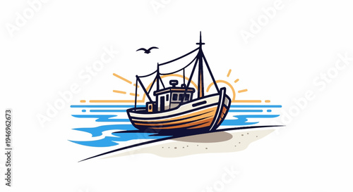 Stylized illustration of a fishing boat on a sandy beach with ocean waves, a sun, and a flying bird