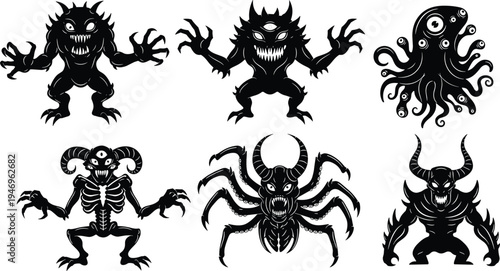 Heraldic lion and black and white mythical animals illustration