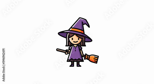 Cute cartoon witch character in purple dress and pointy hat holding a magic wand and broom