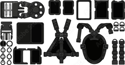 A collection of dark grey tactical gear components, including buckles, straps, pouches, and utility frames