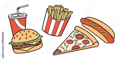 A colorful illustration of a hamburger, french fries, pizza slice and hotdog for food or restaurant concepts