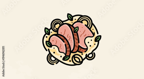 Illustration of sliced roasted meat served with noodles or pasta, garnished with green leaves