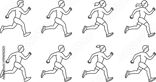 Running, people, line, art, runners, jogging, fitness, sport, exercise, athlete, movement, active, lifestyle, training, outline, vector, illustration, marathon, workout, motion