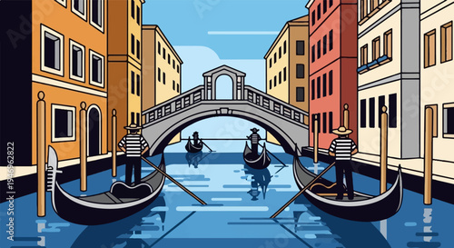 Illustrative view of gondolas navigating a vibrant canal lined with historic buildings and an arched bridge