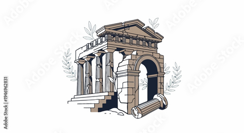 Illustration of ancient architectural ruins with columns and an arch, surrounded by decorative olive branches