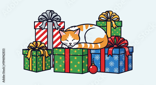 Charming illustration of a sleeping ginger and white cat nestled among a festive pile of wrapped presents