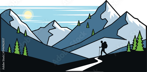 A solitary hiker ascends a winding path through a vast, stylized mountain landscape under a bright sun